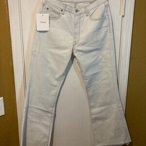 (+) People women's size 29 raw hem distressed dyed relaxed boot cut INGRID jeans